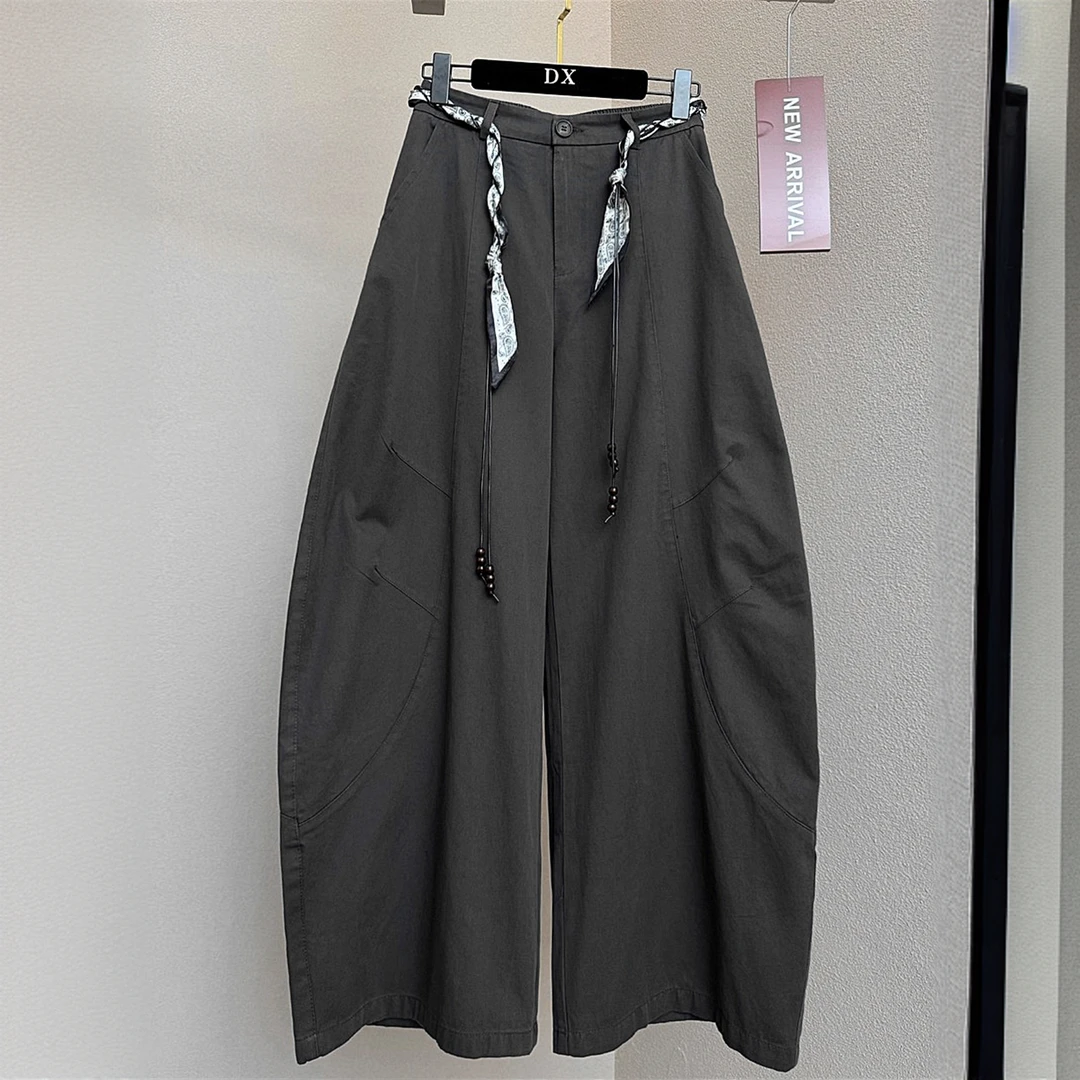 高端欧货秋新款超好看宽松高腰后松紧直筒休闲香蕉弯刀裤子女长裤