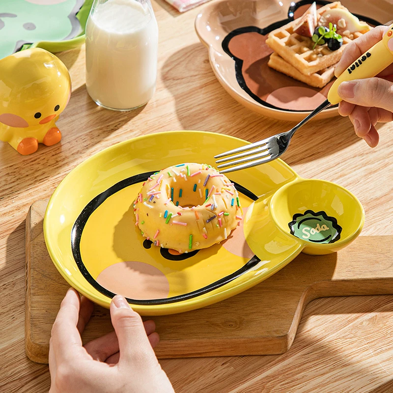 《直播专属》布朗熊minini饺子盘带醋碟陶瓷创意好看水饺专用分格盘