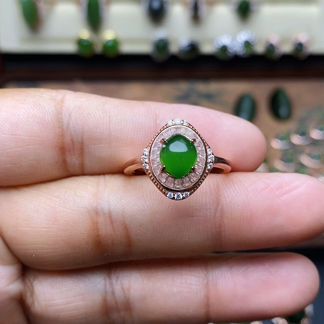 和田玉（碧玉）银S925镶嵌吊坠(不含链)可***碧戒指