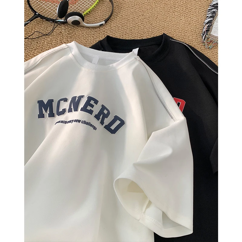 美式复古字母印花短袖t恤男2025夏季潮牌拉链设计感宽松休闲半袖