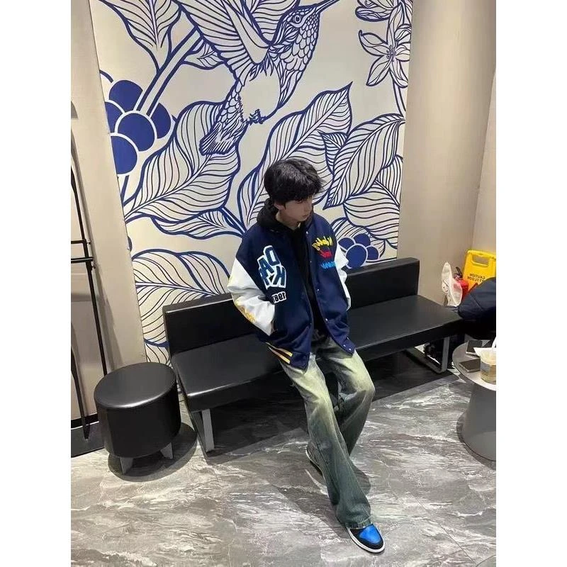 春秋新款美式男女刺绣字母植绒棒球服外套潮牌休闲情侣立领夹克潮