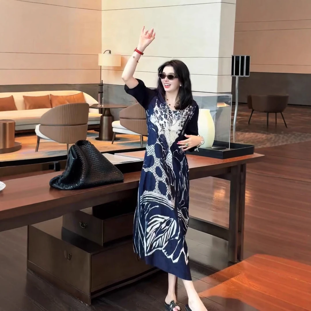 印花宽松显瘦连衣裙女2025夏季新款时尚复古减龄遮肉长裙