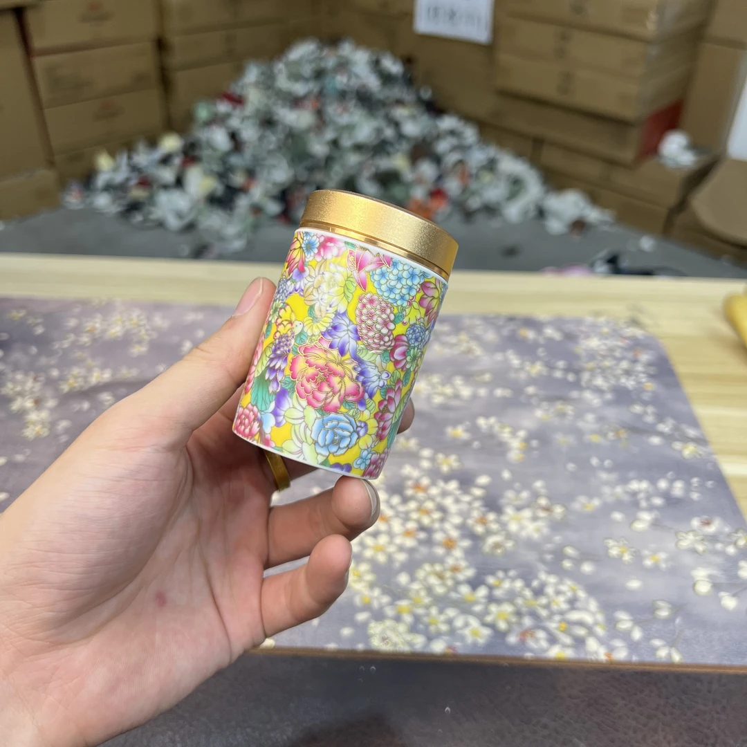 满花陶瓷合金盖头小茶叶罐