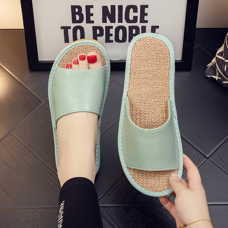 真皮亚麻家居拖鞋男女夏季地板日式室内家用防滑软底牛皮居家凉拖