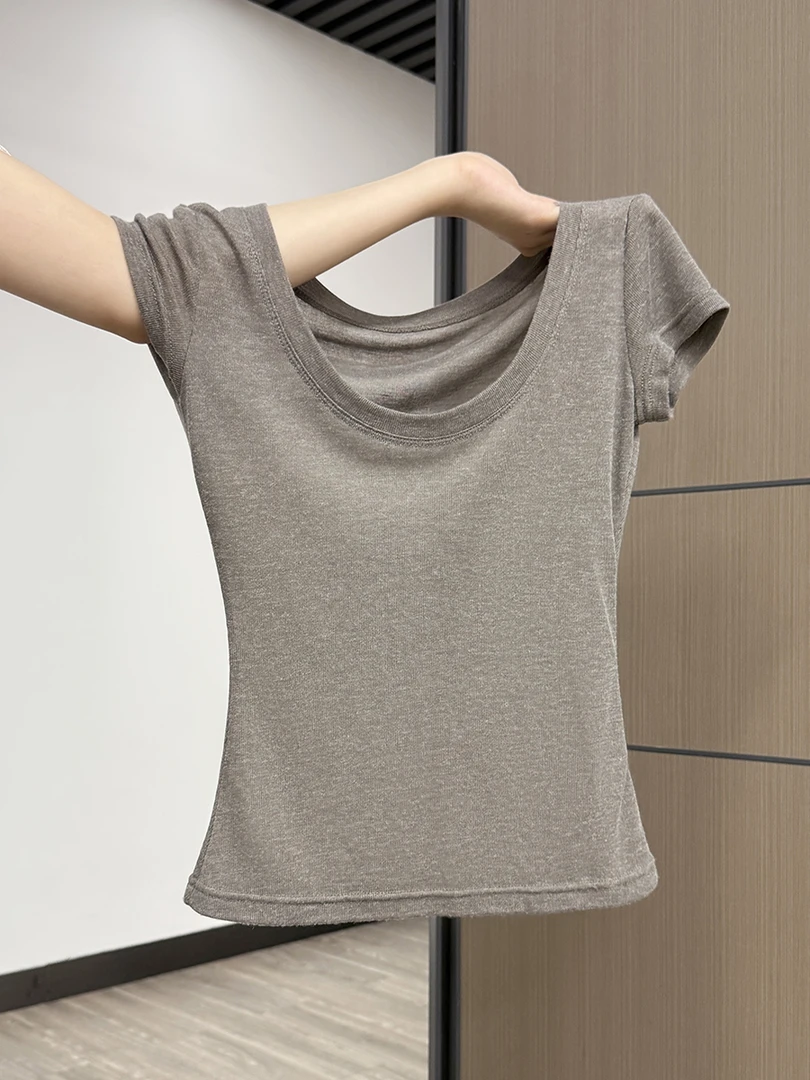 韩系烟灰色薄款大U领短袖T恤女夏季新款时尚百搭纯欲修身显瘦上衣