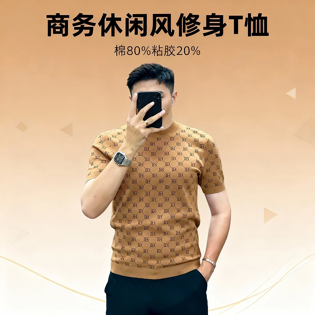 2025男士针织短袖毛衣时尚休闲高品质圆领潮流修身T恤打底衫上衣