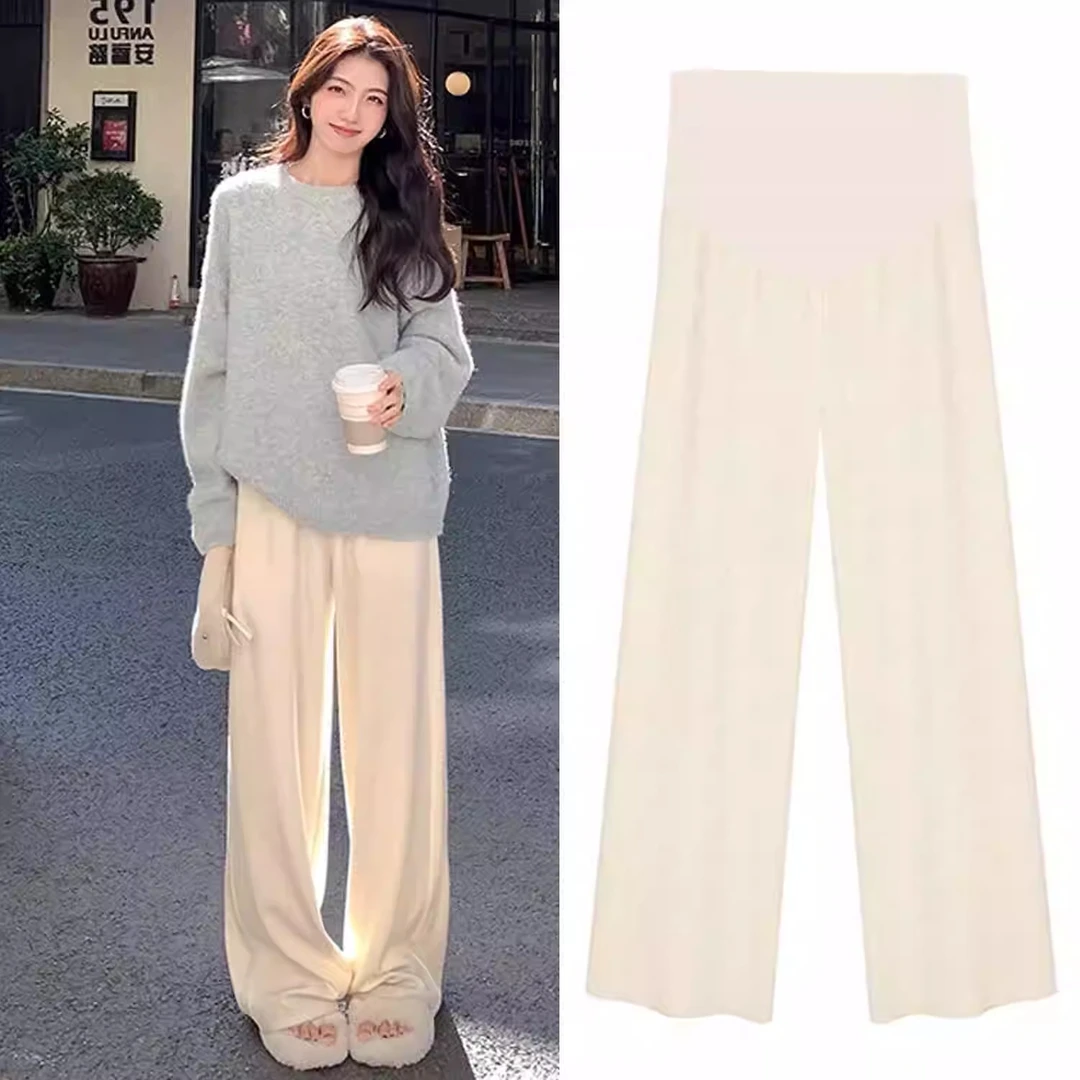 米白孕妇针织阔腿裤子秋冬季加绒加厚款2024新款外穿垂坠感打底裤