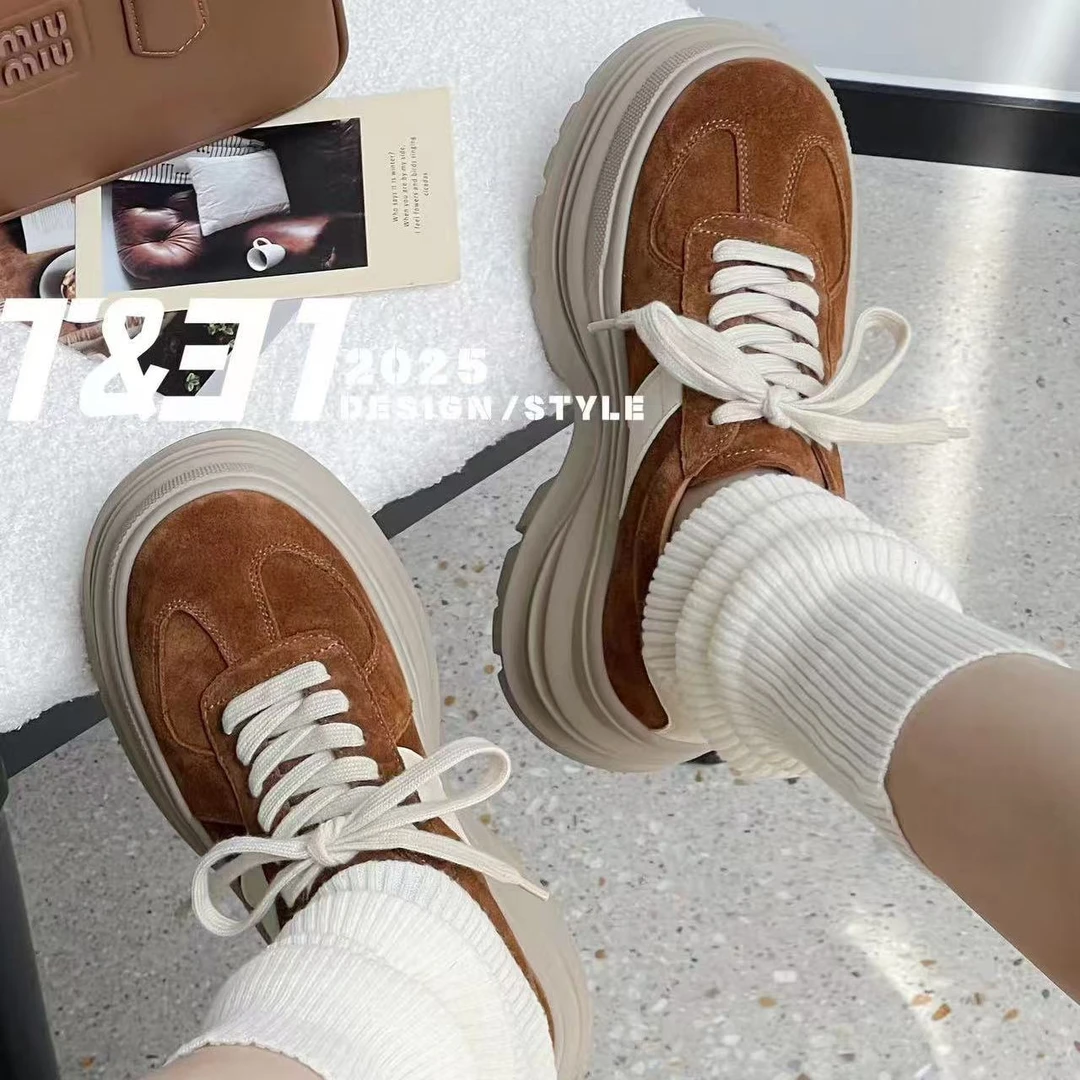 T31女鞋2025秋厚底8cm板鞋那女轻便细带增高老爹鞋百搭运动休闲鞋