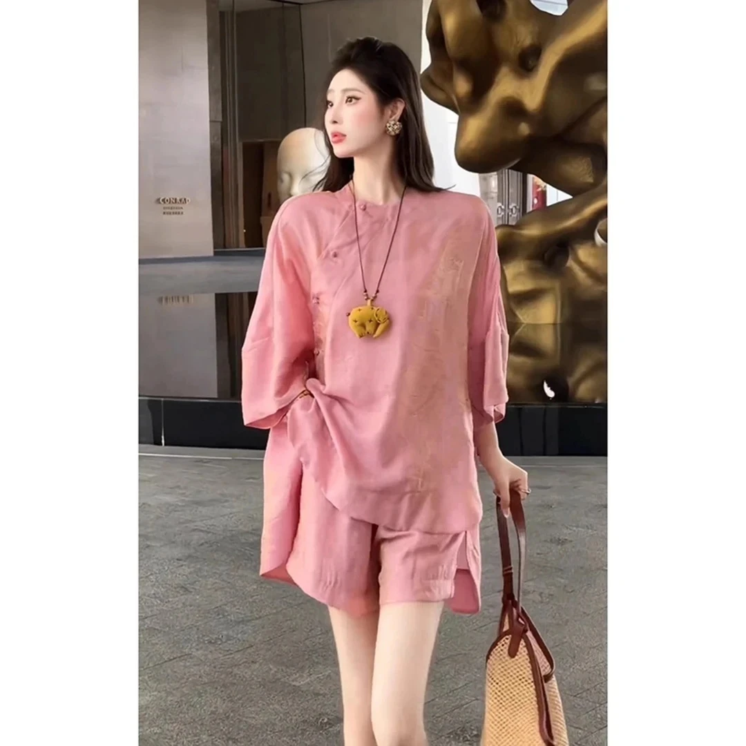 小香风气质名媛韩系套装女2025夏季新款特漂亮粉色衬衫短裤两件套