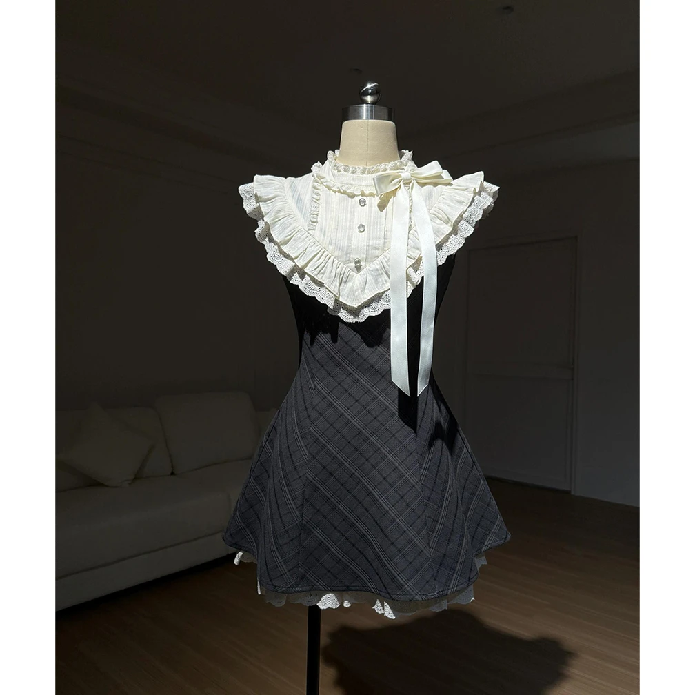 法式复古千金风格纹无袖连衣裙女夏季蕾丝拼接蝴蝶结收腰显瘦短裙