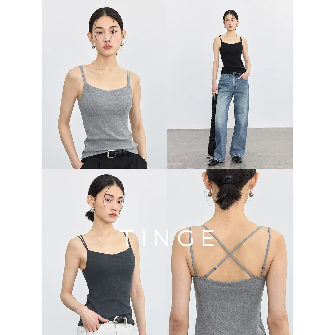 贴己双肩带罗纹带胸垫托胸防下垂美背吊带背心女夏居家上衣