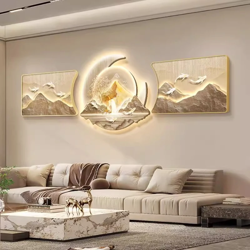 背有靠山客厅装饰画轻奢高级感大气山水鱼三联画沙发背景墙挂画