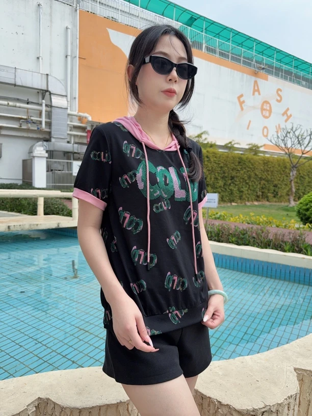 连帽抗起球潮流镶钻T恤烫印显瘦印花短袖连体韩版百搭时尚洋气