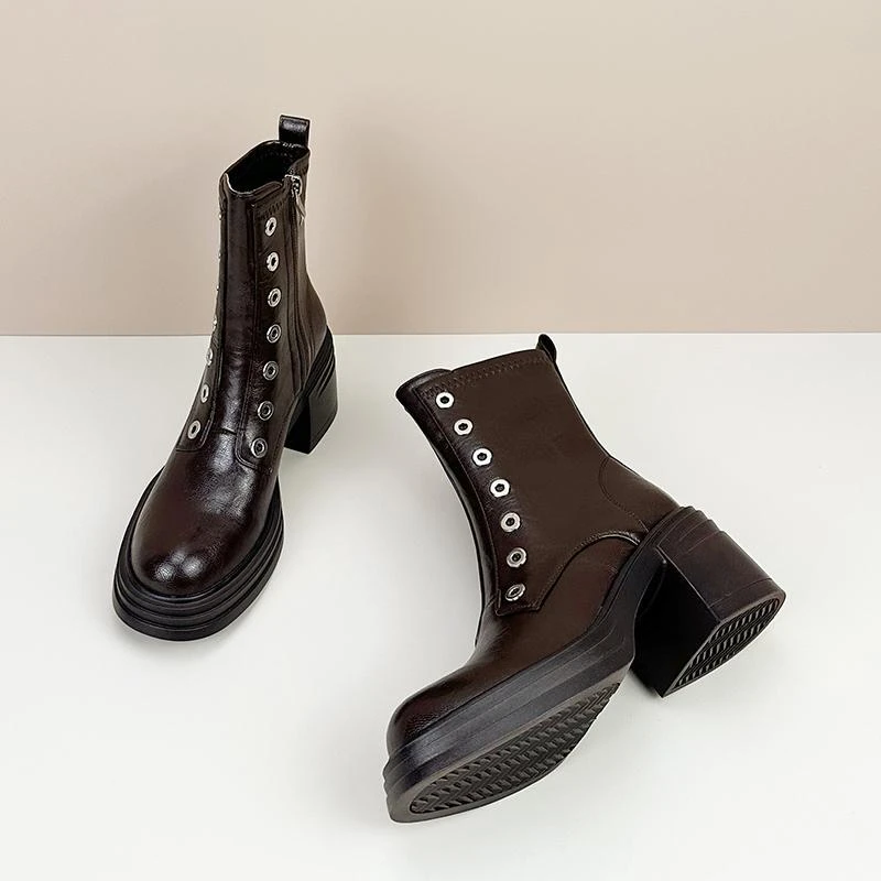 厚底防水台增高粗跟短靴女秋冬爆款加绒小个子显瘦真皮低跟马丁靴