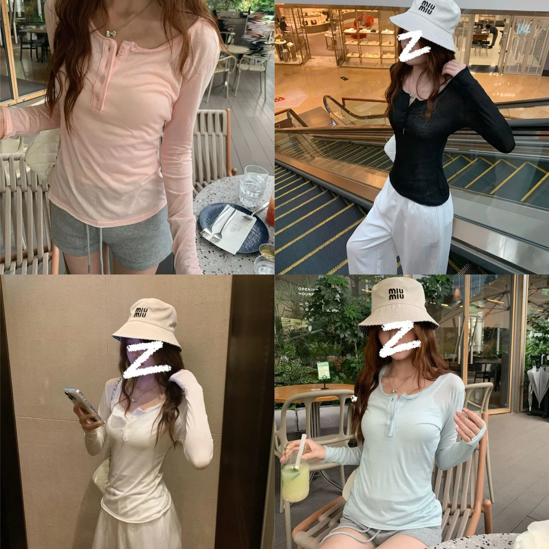 由子衣舍/Youzi Atelier高阶面膜tee超薄卷边V领排扣休闲防晒衫