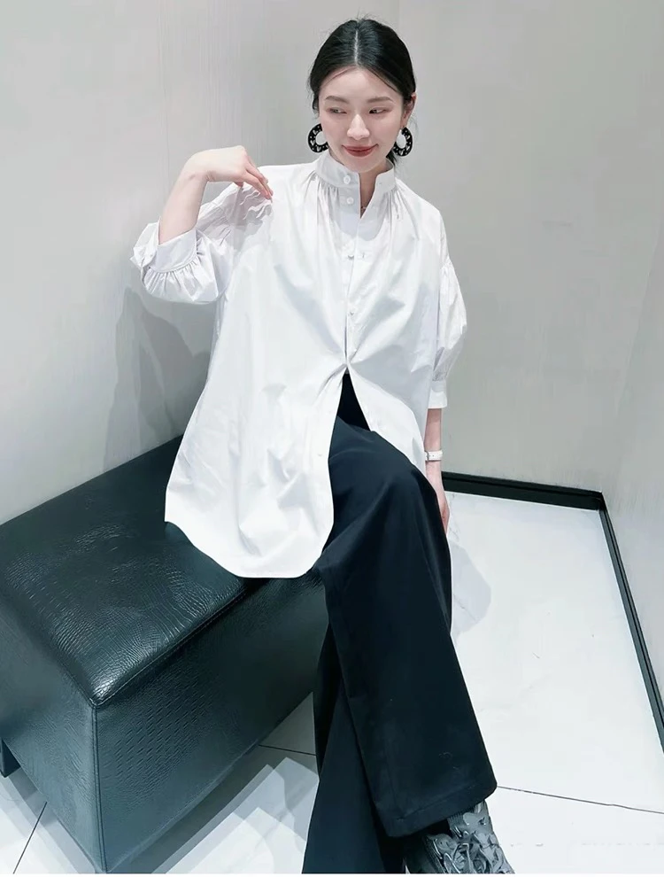 春秋女装新中式复古小立领短袖纯色廓形衬衫5301060