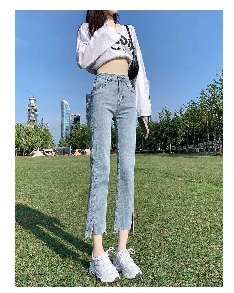 烟管牛仔裤裤子女2023年春夏新款高腰小个子九分开叉直筒牛仔裤