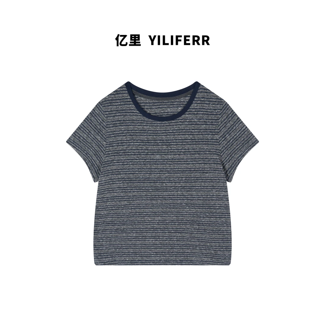 【YILI显瘦女装】夏季条纹撞色短袖T恤百搭时尚休闲上衣Y0228
