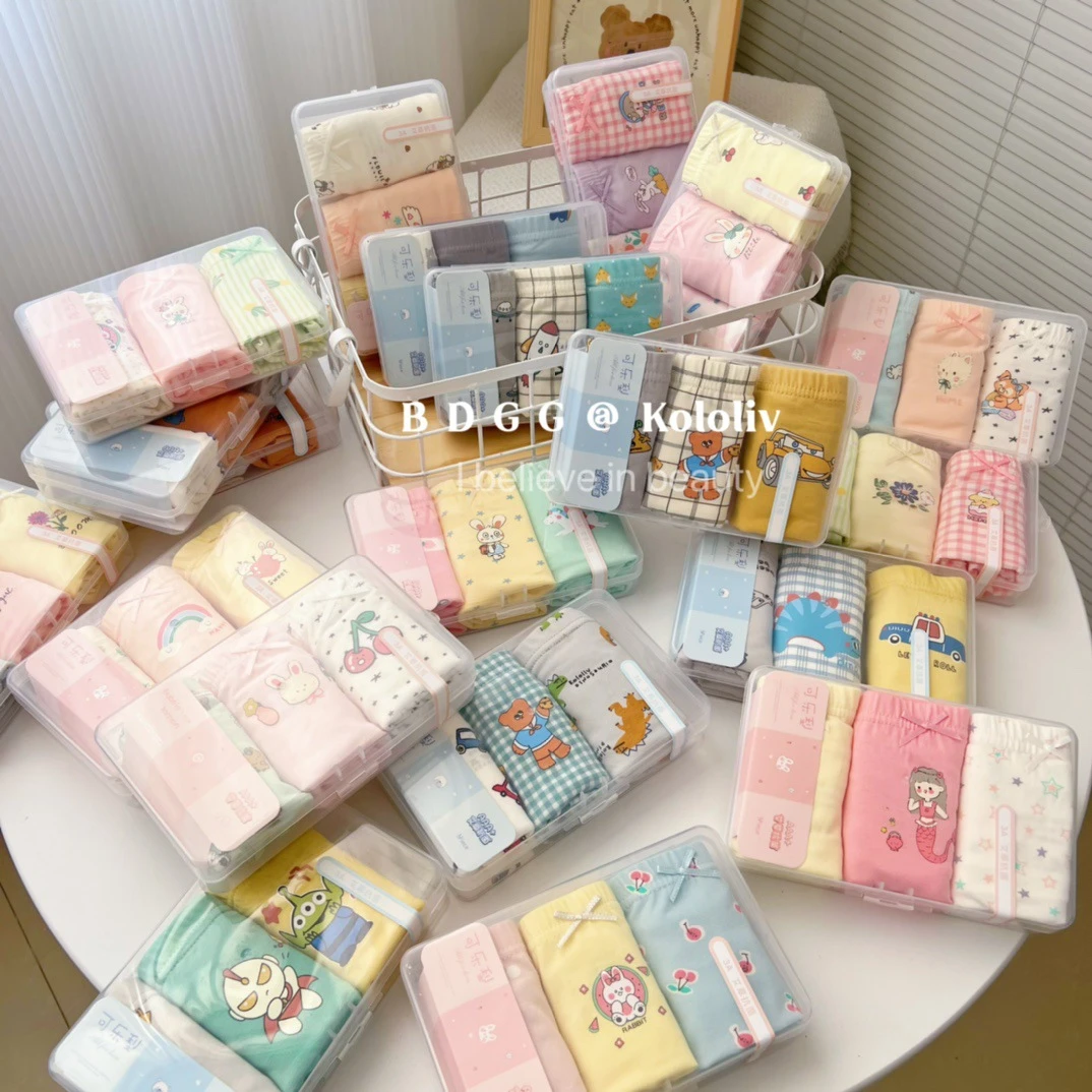 全棉时代可乐梨三条装收纳盒儿童平角内裤卡通男女童宝宝四角裤A