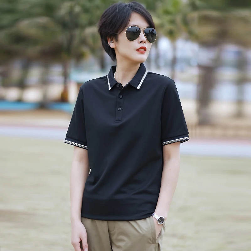 时尚潮牌Polo衫女短袖2025夏薄款宽松上衣男女穿黑色休闲翻领t恤