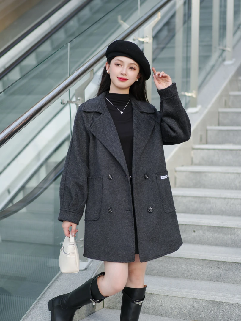 秋冬新款气质高端中长款柔软宽松版加厚保暖韩版呢子大衣8077