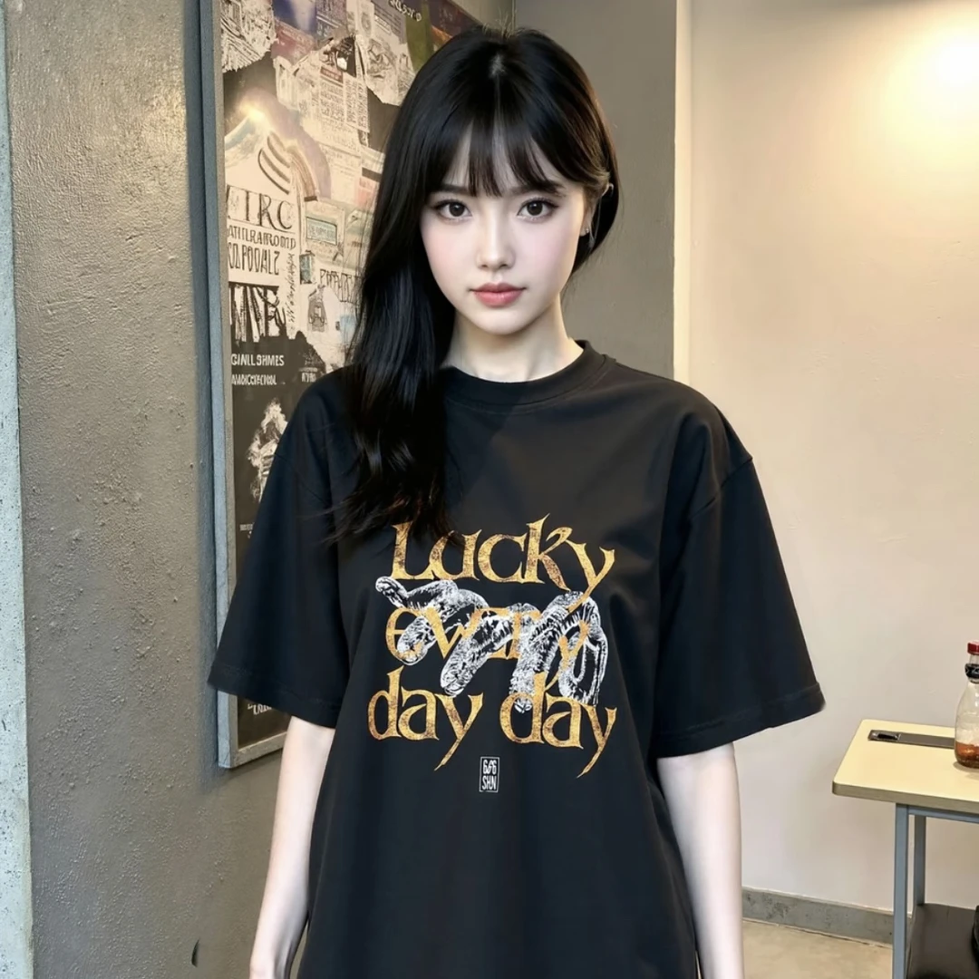潮牌夏季蛇缠绕字母短袖T恤男女同款美式复古休闲半袖宽松