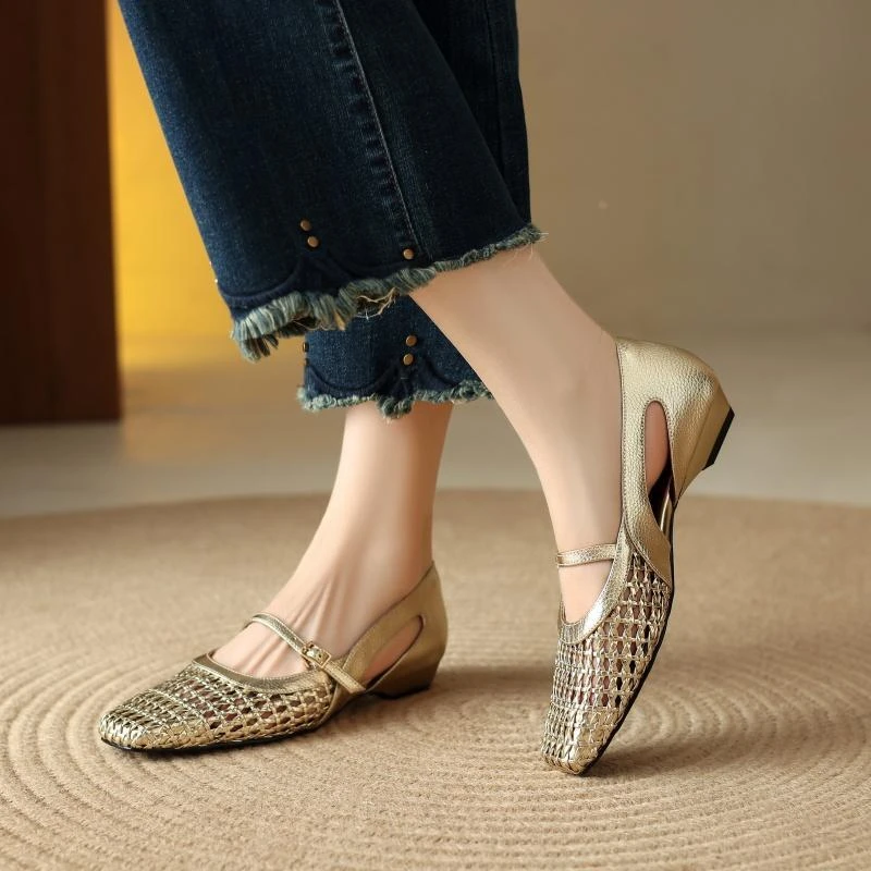 时尚版法式复古方头镂空编织半拖鞋女外穿一字带包头凉拖鞋中跟