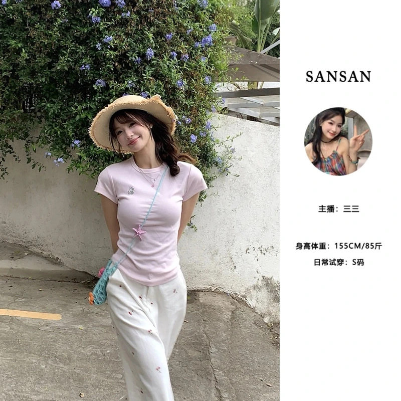 【三三】(一颗樱桃）新款修身显瘦白色短袖T恤女夏圆领正肩短款上衣