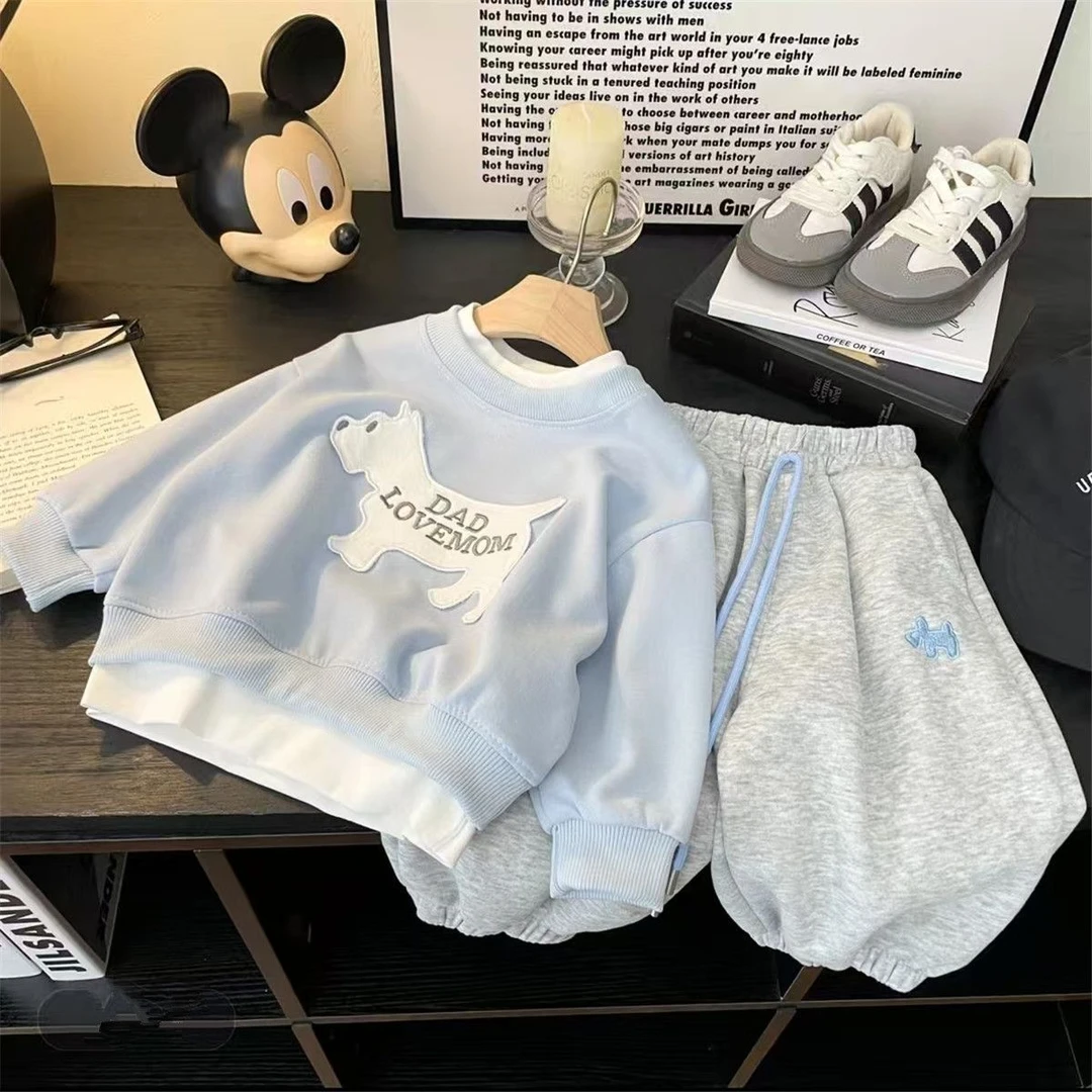 宝宝洋气卡通圆领卫衣套装2025春装男女童百搭洋气运动卫衣两件套