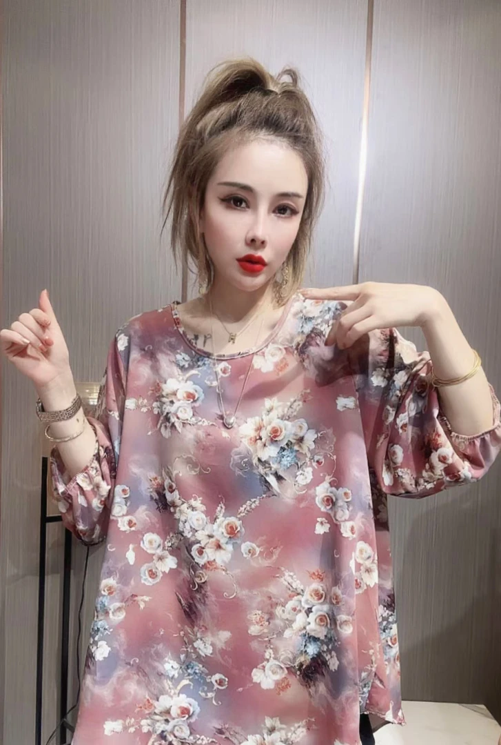 姹紫嫣红--时尚圆领印花轻盈夏季显瘦洋气休闲上衣504