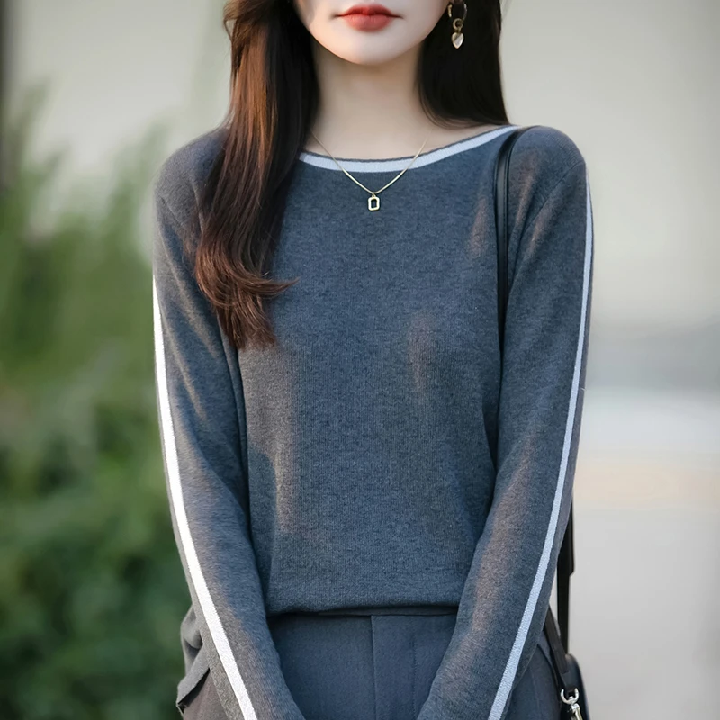 动感哥弟秋冬新款法式时髦一字领针织衫拼色宽松减龄内搭打底衫女