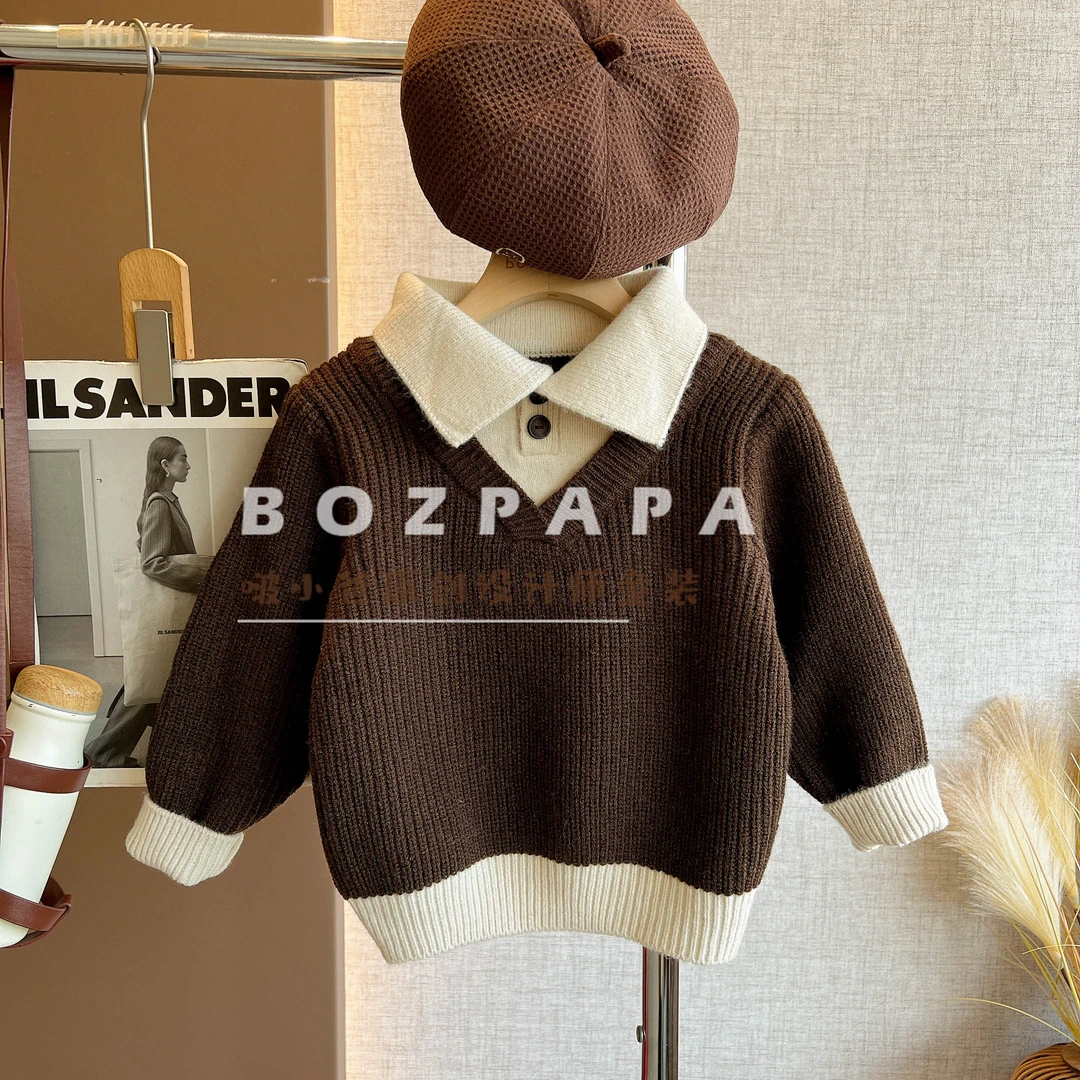 现货啵小爸【明日之星】2025冬季新款男童百搭学院风假两件针织毛衣