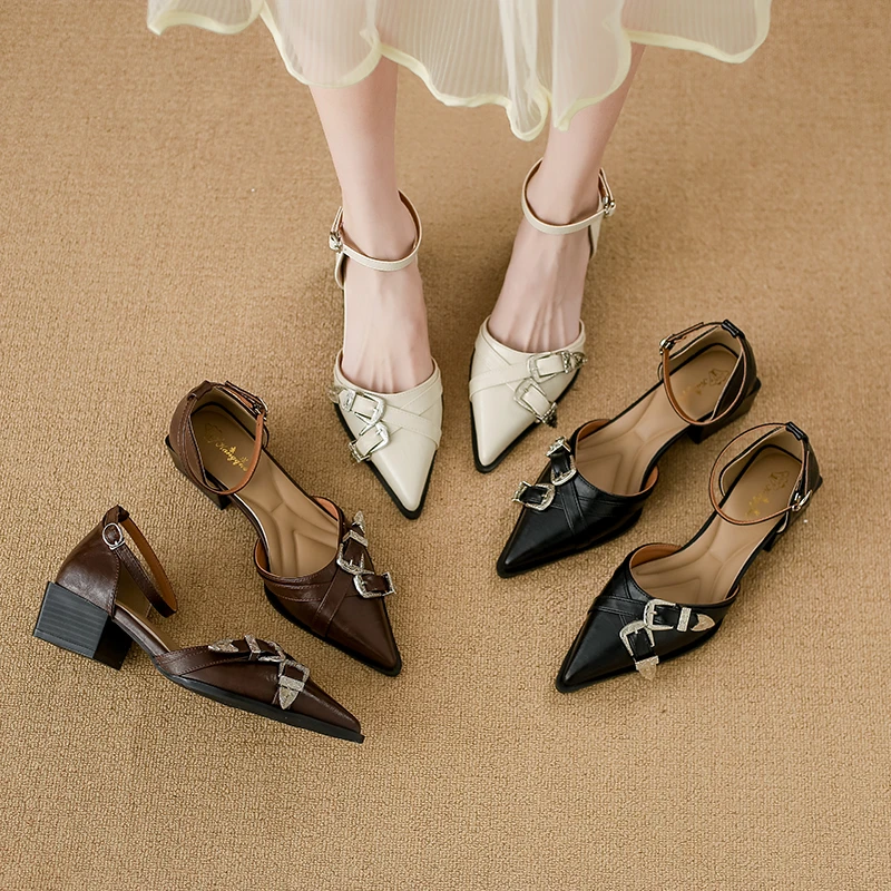 防水台粗跟法式薄款浅口尖头单鞋女鞋真皮包头气质时尚春夏凉鞋