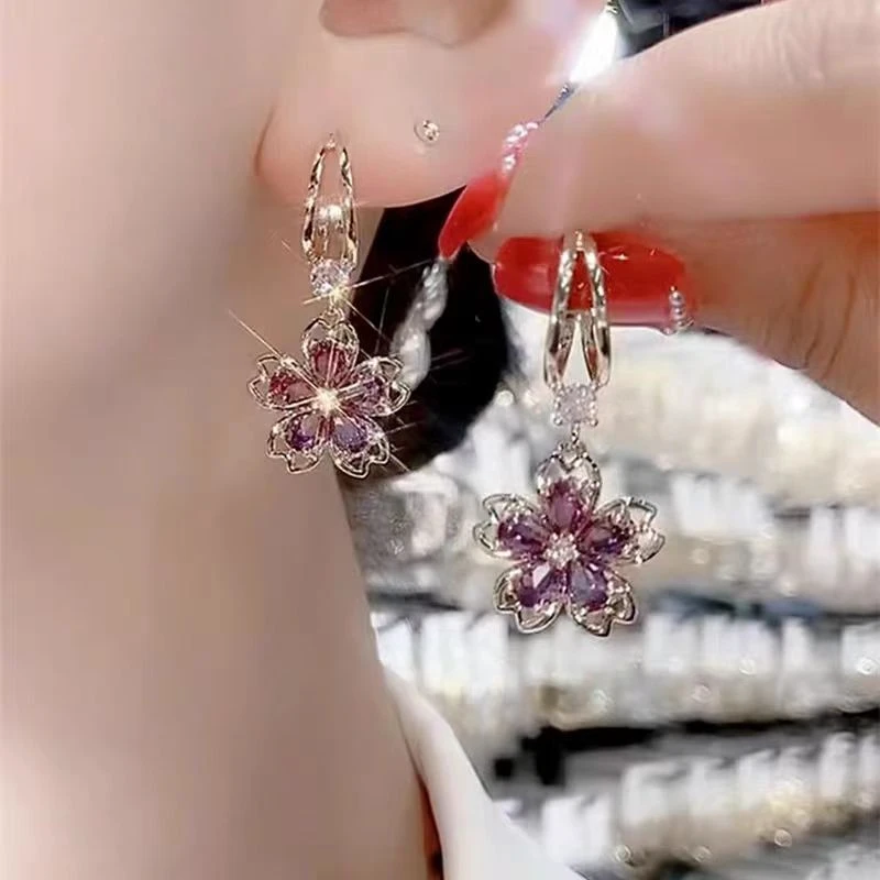 铜合金合成锆石耳饰 [紫色花瓣耳饰]女士耳环1250