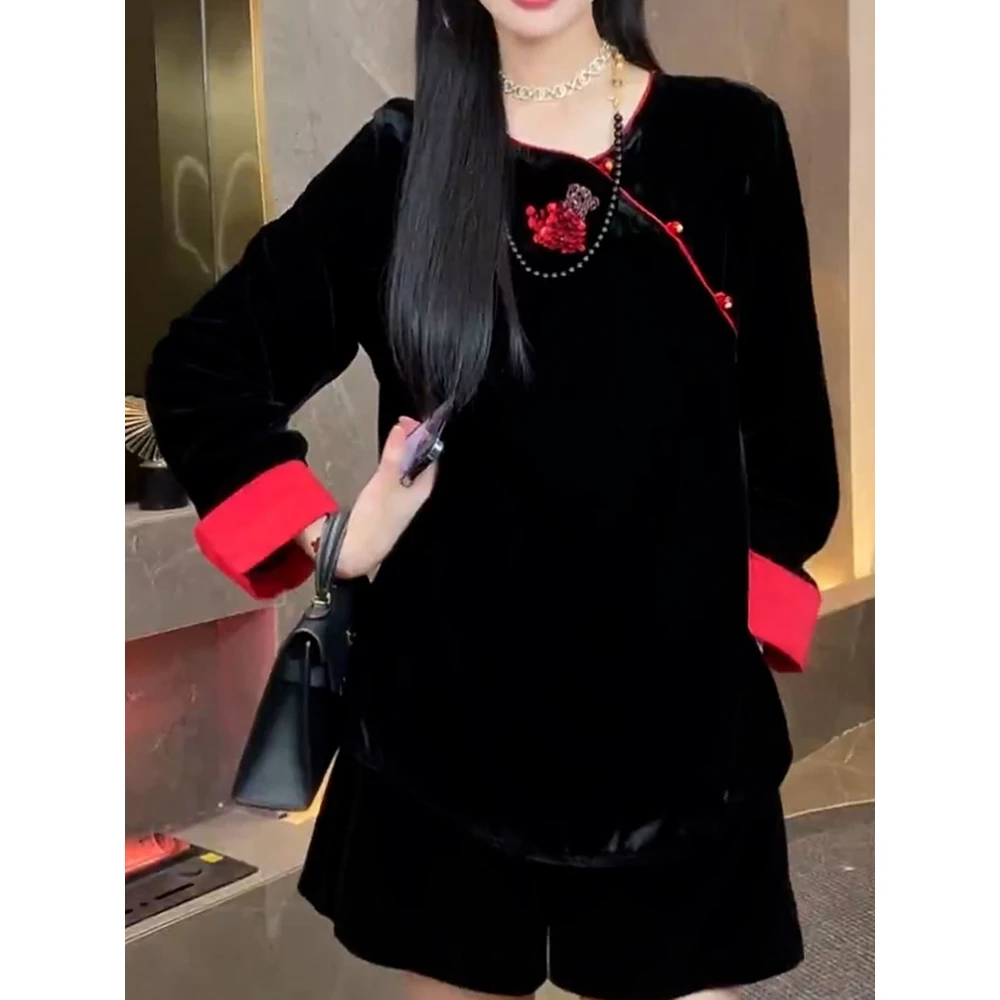 复古文艺风撞色拼接圆领衬衫2026春季新款轻奢高级感百搭长袖衬衣