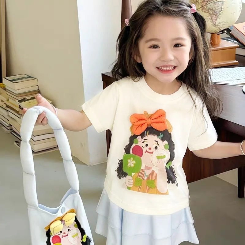 女童韩版立体蝴蝶结短袖T恤2025夏季新款女宝宝洋气卡通纯棉上衣