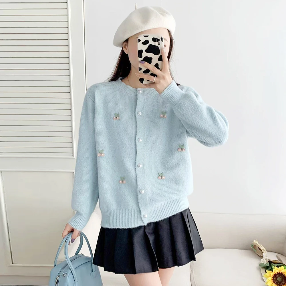 苏醒的乐园开衫女简约小樱桃针织春装SXMY32928圆领百搭毛衣