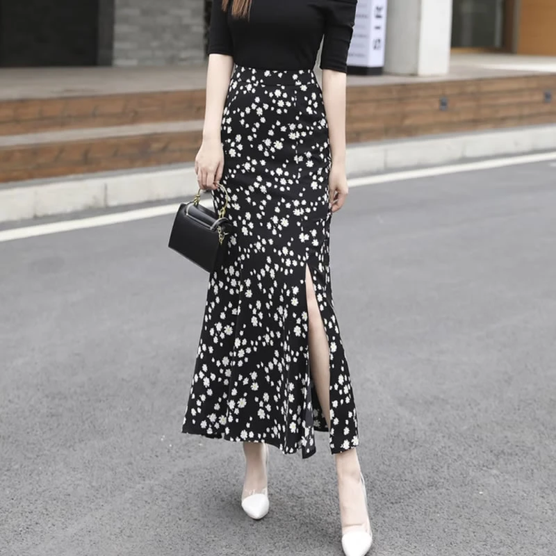 雪纺半身裙女2025夏季垂感薄款中长开叉小碎花包臀裙鱼尾裙长裙
