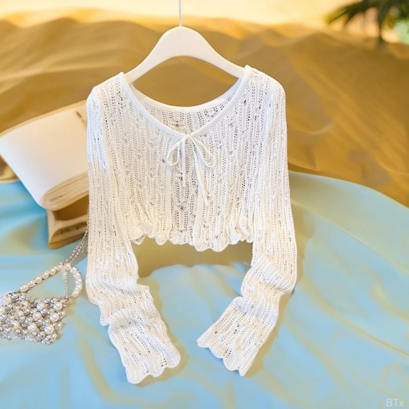 韩系镂空钩花防晒开衫女2025夏季冰丝针织空调罩衫配吊带裙小披肩