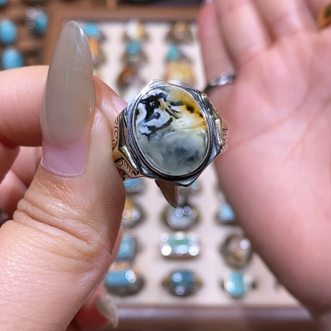 琥珀戒指银S925镶嵌诺***乖戒指