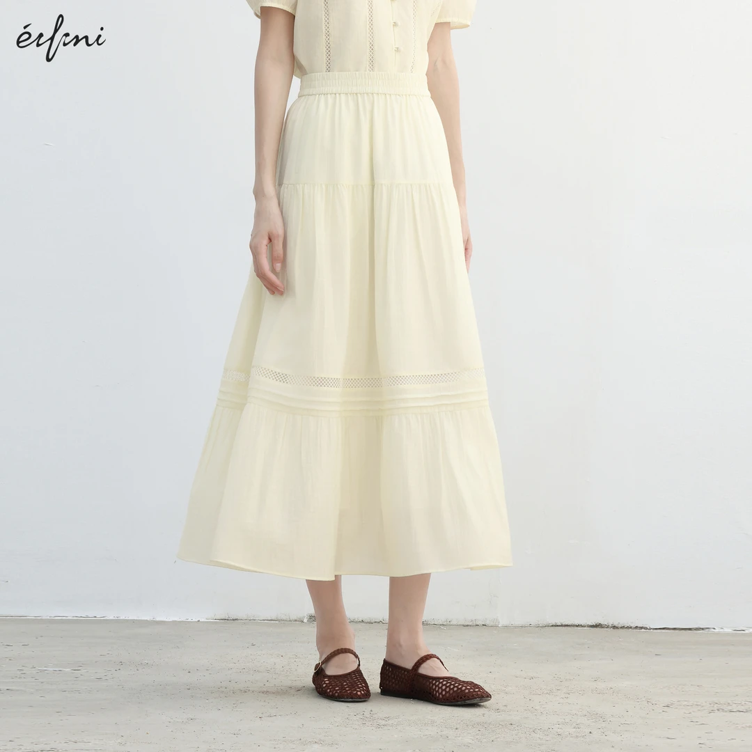 伊芙丽莱赛尔法式花边半身裙女装25夏季皱肌理精致长裙1G4940761