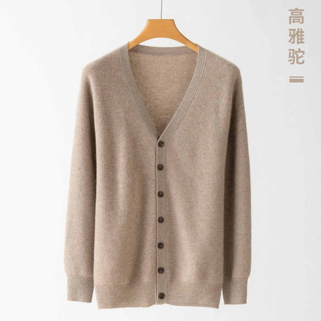100%山羊绒12针横机编织中厚男v领纽扣开衫元宝针系列针织扣开衫