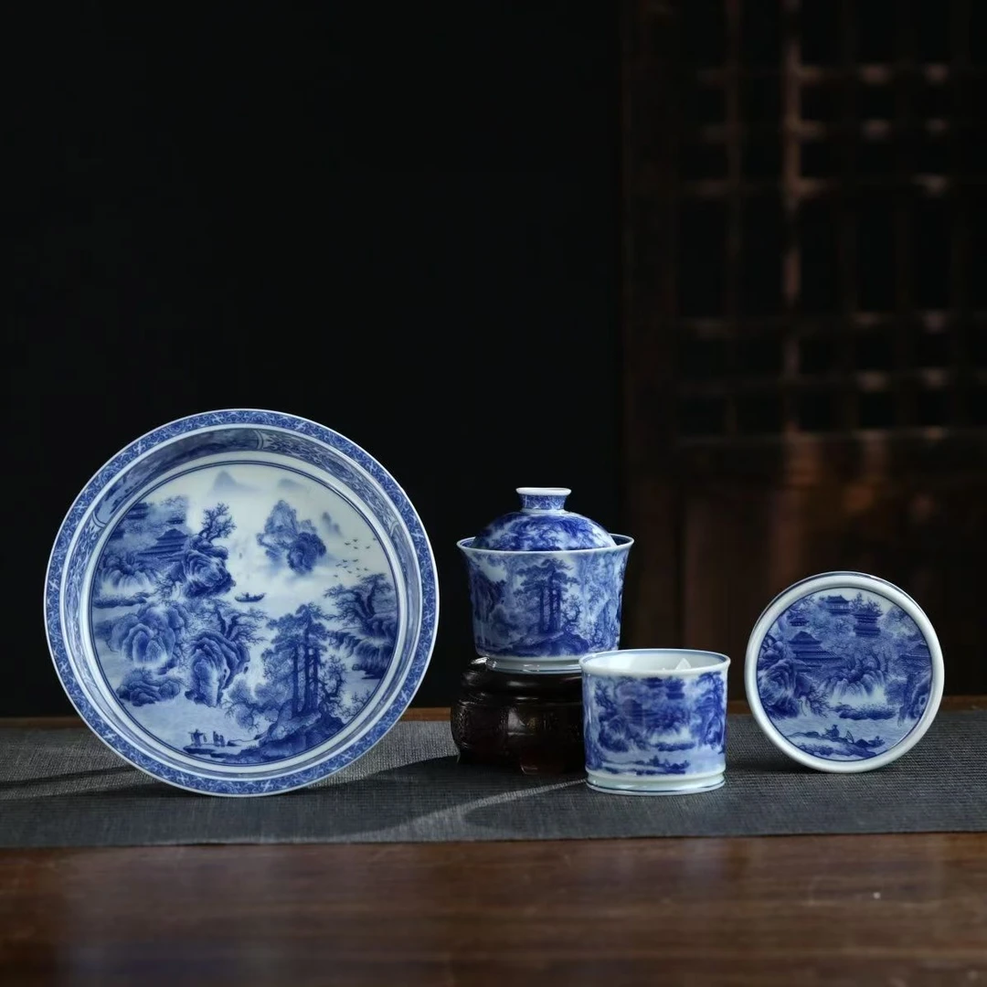 景德镇陶瓷青花重工山水春山图釉下整套功夫茶茶具套组盖碗壶承