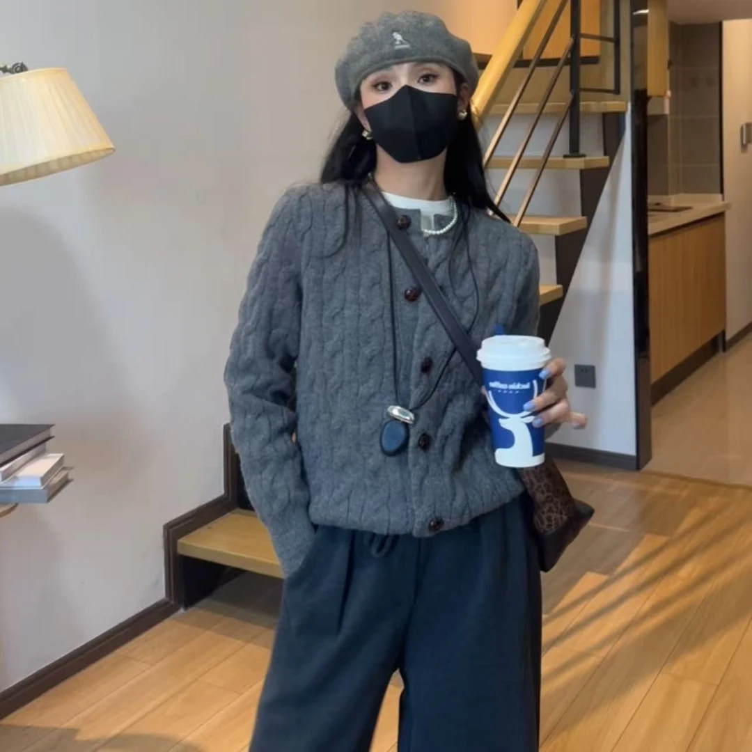 小个子定制衣长59CM复古宽松麻花软糯厚实慵懒感毛衣重工开衫