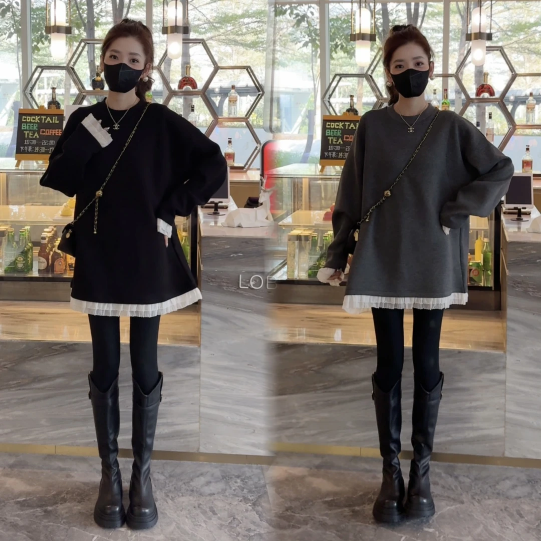 25新款简约花边卫衣高品质圆领宽松休闲上衣打底裤两件套