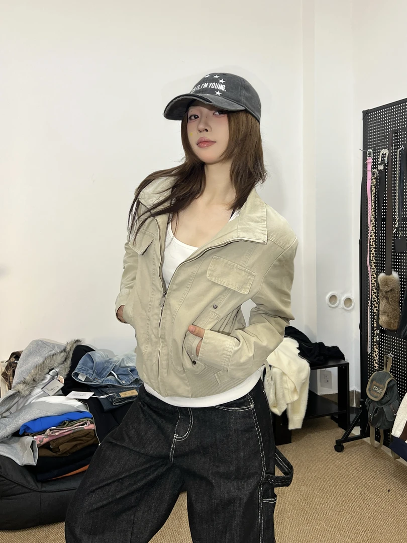 15GET 美式复古立领正肩短款夹克多口袋高级感工装外套百搭上衣女