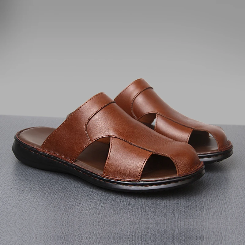 个性高端夏透气软底全牛皮包头凉鞋真皮男士休闲皮拖鞋