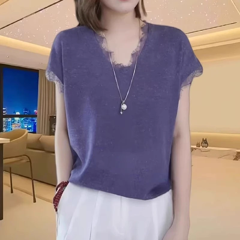 v领蕾丝花边拼接短袖针织衫女2025夏季新款时尚薄款宽松休闲上衣