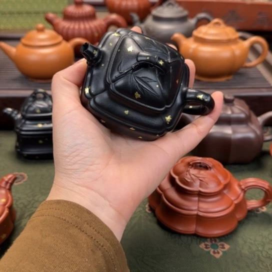 茶壶紫砂四方隐角竹鼓焐灰洒金