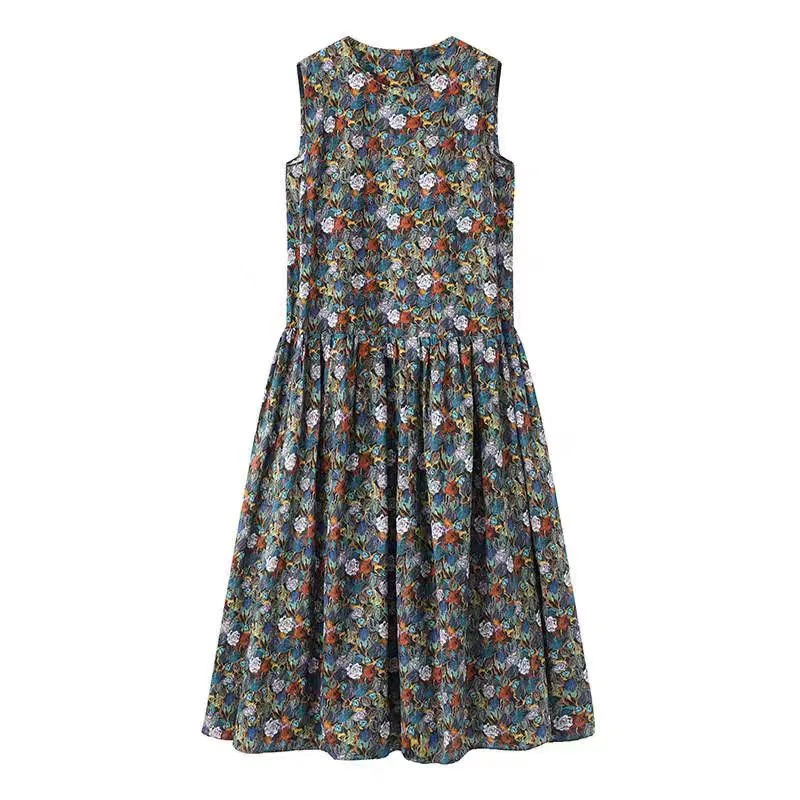 D4101-新款简约宽松无袖圆领碎花设计感A字连衣裙.Y8920